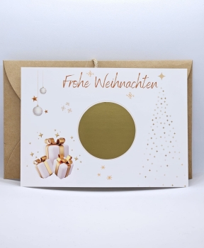 Moderne Weihnachts-Rubbelkarte mit goldenem Rubbel-Feld, weihnachtlichen Geschenken und eleganten Sternen.